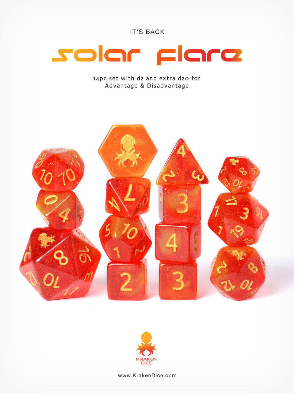Solar Flare 14pc DnD Dice Set With Kraken Logo